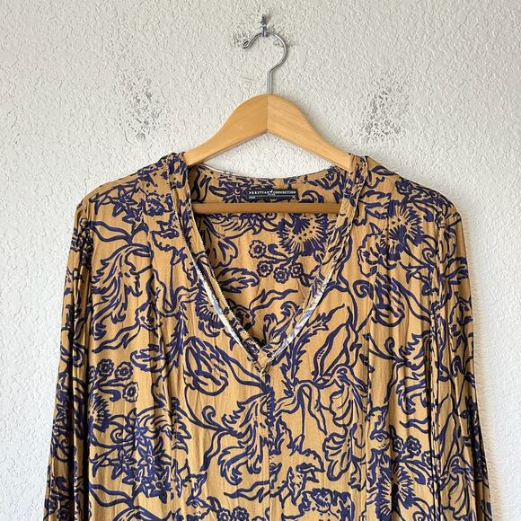 PERUVIAN CONNECTION Mini Dress Brown Blue Floral Puff Sleeve Boho - Picture 4 of 13